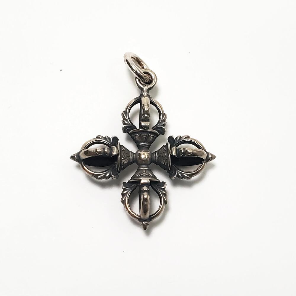 Sterling Silver 925  Buddhist Double Vajra Dorje Amulet Pendant 1.5"